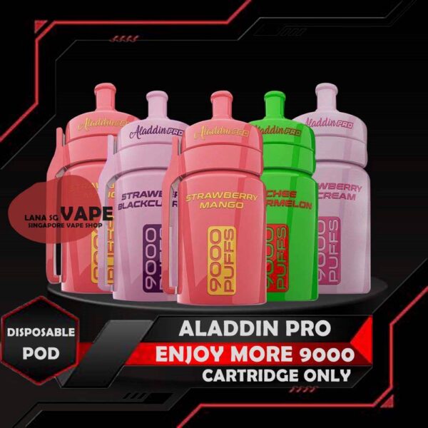 ALADDIN PRO MORE ENJOY 9000 CARTRIDGE  The Aladdin Pro Enjoy More 9000 are ready stock in Vape Singapore Store. Order with us get it same day delivery. Trusted & Legit Seller , This product for cartridge only , no include battery. Specifications: Approximate : 9000 puffs Nic : Salt Rechargeable Battery Replaceable Cartridge ⚠️ALADDIN PRO MORE ENJOY 9000 CARTRIDGE AVAILABLE⚠️ Yakolt Mango yakult Passion fruit yakult Mango peach Strawberry kiwi candy Double mango candy Rootbeer Watermelon Sirap Bandung SG VAPE COD SAME DAY DELIVERY , CASH ON DELIVERY ONLY. ORDER BEFORE 5PM , SAME DAY NIGHT SLOT 7PM – 10PM RECEIVED PARCEL. TAKE BULK ORDER /MORE ORDER PLS CONTACT US : LANASGVAPE WHATSAPP VIEW OUR DAILY NEWS INFORMATION VAPE : LANASGVAPE CHANNEL
