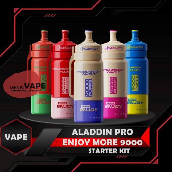 ALADDIN PRO MORE ENJOY 9000 STARTER KIT - SG VAPE COD The Aladdin Pro More Enjoy 9000 Starter Kit is Raedy stock in our Vape Singapore Store now , and ALADDIN PRO MORE ENJOY 9000 Puffs  is a brand new design vape from Aladdin Pro with swappable cartridge which can be enjoy with different color design and super yummy flavors! Moreover, there are specific flavors that are available for buying the cartridge only as well which you can reuse the battery with different cartridge and save cost on it! It come with 9000 Puffs and 27 flavors to choose each flavor are unique with different taste. However, it has the latest technology which have a good quality and it has three different kind of airflow to adjust! ALADDIN PRO MORE ENJOY 9000 Puff are more toward sweet and not minty. Noted : This product package incude cartridge and battery device, is a full set 9k. Specifications:  650mAh  Mesh Coil  9000 Puff  Rechargeable Battery  Swappable Design Replaceable Cartridge ⚠️ALADDIN PRO MORE ENJOY 9000 STARTER KIT FLAVOUR LIST⚠️ Strawberry Blackcurrant Mango Milk Strawberry Mango Strawberry Ice Cream Strawberry Kiwi Lychee Watermelon Ribena Watermelon Honeydew Yakult Hawaii Mango Mango Watermelon Watermelon Yakolt Strawberry Yakolt Mango Yakolt Passionfruit Yakolt Watermelon Candy Strawberry Kiwi Candy Double Mango Candy Lemon Candy Mango Peach Energy Drink Sirap Bandung Lychee Hazelnut Coffee Strawberry Grape Guava Cappucccino SG VAPE COD SAME DAY DELIVERY , CASH ON DELIVERY ONLY. ORDER BEFORE 5PM , SAME DAY NIGHT SLOT 7PM – 10PM RECEIVED PARCEL. TAKE BULK ORDER /MORE ORDER PLS CONTACT US : LANASGVAPE WHATSAPP VIEW OUR DAILY NEWS INFORMATION VAPE : LANASGVAPE CHANNEL