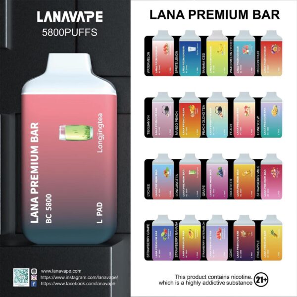 LANA PREMIUM 5800 PUFFS DISPOSABLE - SG VAPE COD Specification: Puff : 5800 Puffs Nicotine : 3% Capacity : 13ml Battery : 650mAh Charging : Rechargable with Type C ⚠️LANA PREMIUM 5800 PUFFS DISPOSABLE FLAVOUR LINE UP⚠️ Banana Ice Cola Grape Honeydew Longjing Tea Lychee Mango Peach Passion Peach Peach Oolong Tea Pineapple Rootbeer Sprite Lemon Strawberry Banana Strawberry Grape Strawberry Milk Strawberry Watermelon Tie Guan Yin Watermelon Watermelon Lychee SG VAPE COD SAME DAY DELIVERY , CASH ON DELIVERY ONLY. ORDER BEFORE 5PM , SAME DAY NIGHT SLOT 7PM – 10PM RECEIVED PARCEL. TAKE BULK ORDER /MORE ORDER PLS CONTACT US : LANASGVAPE WHATSAPP VIEW OUR DAILY NEWS INFORMATION VAPE : LANASGVAPE CHANNEL