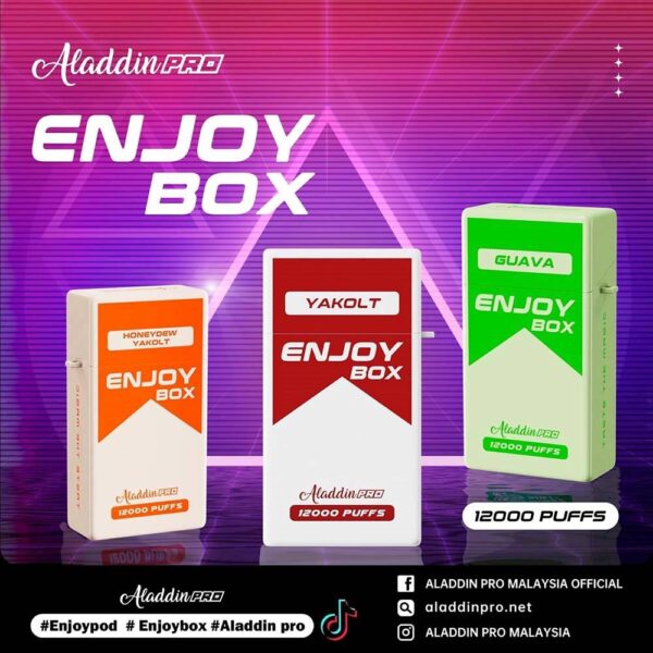 ALADDIN PRO ENJOY BOX 12000 DISPOSABLE The ALADDIN PRO ENJOY BOX 12000 DISPOSABLE VAPE in our Vape Singapore Raedy Stock Product , Get it now with us and same day delivery ! Discover the latest Aladdin Enjoy Box 12000 Puffs! Design in a sleek cigarette-box-style design with a cap for mouthpiece protection! Enjoy 15 delightful flavors with 12,000 smooth puffs, each bursting with sweet perfection! Specification : Puffs : 12,000 Coil : 1.0 Ohm Mesh coil Battery Capacity : 650mAh Rechargeable Nicotine Strength : 5% Charging Time : Roughly 10 min – 15 min ⚠️ALADDIN PRO ENJOY BOX 12000 FLAVOUR LIST⚠️ Energy Drink Guava Hazelnut Coffee Strawberry Mango Cappucino Honeydew Sirap Bandung Mango Yakolt Strawberry Grape Double Mango Candy Honeydew Yakolt Mango Peach Mango Yakolt Sour Bubblegum Solero Lime Strawberry Blackcurrant SG VAPE COD SAME DAY DELIVERY , CASH ON DELIVERY ONLY. ORDER BEFORE 5PM , SAME DAY NIGHT SLOT 7PM – 10PM RECEIVED PARCEL. TAKE BULK ORDER /MORE ORDER PLS CONTACT US : LANASGVAPE WHATSAPP VIEW OUR DAILY NEWS INFORMATION VAPE : LANASGVAPE CHANNEL