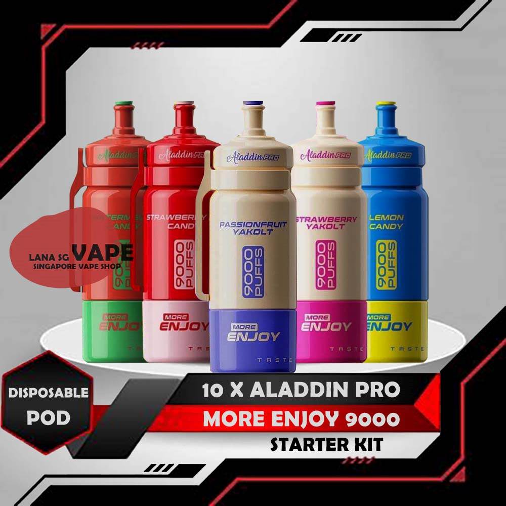 10 X ALADDIN PRO ENJOY MORE 9000 STARTER KIT Package Include : 10 pcs X ALADDIN PRO ENJOY MORE 9000 STARTER KIT Free Delivery The Aladdin Pro More Enjoy 9000 Starter Kit is Raedy stock in our Vape Singapore Store now , and ALADDIN PRO MORE ENJOY 9000 Puffs  is a brand new design vape from Aladdin Pro with swappable cartridge which can be enjoy with different color design and super yummy flavors! Moreover, there are specific flavors that are available for buying the cartridge only as well which you can reuse the battery with different cartridge and save cost on it! It come with 9000 Puffs and 27 flavors to choose each flavor are unique with different taste. However, it has the latest technology which have a good quality and it has three different kind of airflow to adjust! ALADDIN PRO MORE ENJOY 9000 Puff are more toward sweet and not minty. Specifications:  650mAh  Mesh Coil  9000 Puff  Rechargeable Battery  Swappable Design Replaceable Cartridge ⚠️ALADDIN PRO MORE ENJOY 9000 STARTER KIT FLAVOUR LIST⚠️ Strawberry Blackcurrant Mango Milk Strawberry Mango Strawberry Ice Cream Strawberry Kiwi Lychee Watermelon Ribena Watermelon Honeydew Yakult Hawaii Mango Mango Watermelon Watermelon Yakolt Strawberry Yakolt Mango Yakolt Passionfruit Yakolt Watermelon Candy Strawberry Kiwi Candy Double Mango Candy Lemon Candy Mango Peach Energy Drink Sirap Bandung Lychee Hazelnut Coffee Strawberry Grape Guava Cappucccino SG VAPE COD SAME DAY DELIVERY , CASH ON DELIVERY ONLY. ORDER BEFORE 5PM , SAME DAY NIGHT SLOT 7PM – 10PM RECEIVED PARCEL. TAKE BULK ORDER /MORE ORDER PLS CONTACT US : LANASGVAPE WHATSAPP VIEW OUR DAILY NEWS INFORMATION VAPE : LANASGVAPE CHANNEL
