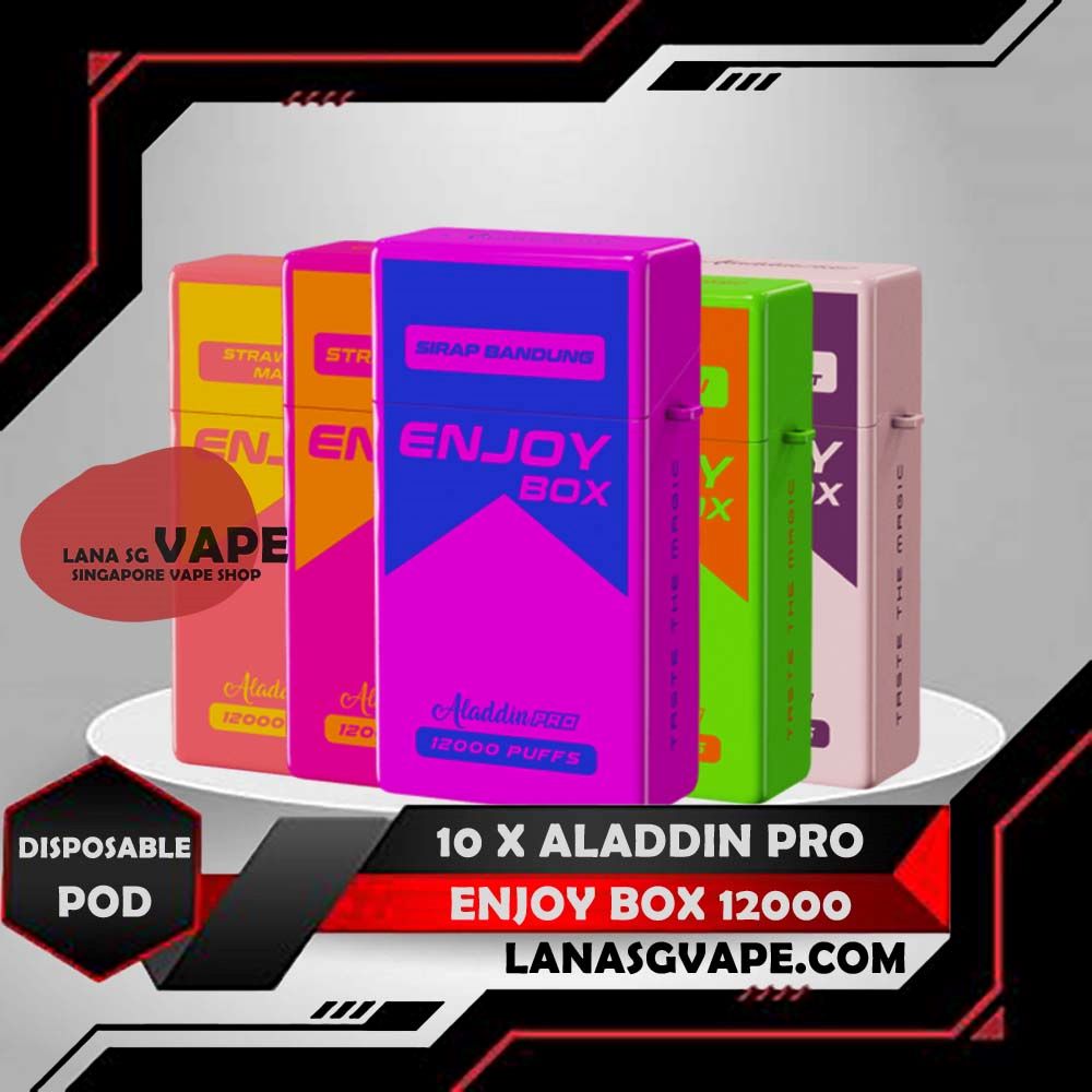 10 X ALADDIN PRO ENJOY BOX 12000 DISPOSABLE Package Include : 10 PCS X ALADDIN PRO ENJOY BOX 12000 DISPOSABLE Free Delivery The ALADDIN PRO ENJOY BOX 12000 DISPOSABLE VAPE in our Vape Singapore Raedy Stock Product , Get it now with us and same day delivery ! Discover the latest Aladdin Enjoy Box 12000 Puffs! Design in a sleek cigarette-box-style design with a cap for mouthpiece protection! Enjoy 15 delightful flavors with 12,000 smooth puffs, each bursting with sweet perfection! Specification : Puffs : 12,000 Coil : 1.0 Ohm Mesh coil Battery Capacity : 650mAh Rechargeable Nicotine Strength : 5% Charging Time : Roughly 10 min – 15 min ⚠️ALADDIN PRO ENJOY BOX 12000 FLAVOUR LIST⚠️ Energy Drink Guava Hazelnut Coffee Strawberry Mango Cappucino Honeydew Sirap Bandung Mango Yakolt Strawberry Grape Double Mango Candy Honeydew Yakolt Mango Peach Mango Yakolt Sour Bubblegum Solero Lime Strawberry Blackcurrant SG VAPE COD SAME DAY DELIVERY , CASH ON DELIVERY ONLY. ORDER BEFORE 5PM , SAME DAY NIGHT SLOT 7PM – 10PM RECEIVED PARCEL. TAKE BULK ORDER /MORE ORDER PLS CONTACT US : LANASGVAPE WHATSAPP VIEW OUR DAILY NEWS INFORMATION VAPE : LANASGVAPE CHANNEL