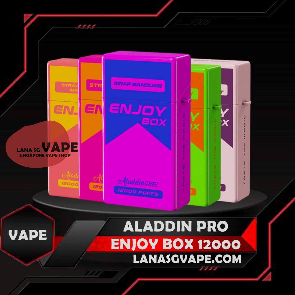 ALADDIN PRO ENJOY BOX 12000 DISPOSABLE The ALADDIN PRO ENJOY BOX 12000 DISPOSABLE VAPE in our Vape Singapore Raedy Stock Product , Get it now with us and same day delivery ! Discover the latest Aladdin Enjoy Box 12000 Puffs! Design in a sleek cigarette-box-style design with a cap for mouthpiece protection! Enjoy 15 delightful flavors with 12,000 smooth puffs, each bursting with sweet perfection! Specification : Puffs : 12,000 Coil : 1.0 Ohm Mesh coil Battery Capacity : 650mAh Rechargeable Nicotine Strength : 5% Charging Time : Roughly 10 min – 15 min ⚠️ALADDIN PRO ENJOY BOX 12000 FLAVOUR LIST⚠️ Energy Drink Guava Hazelnut Coffee Strawberry Mango Cappucino Honeydew Sirap Bandung Mango Yakolt Strawberry Grape Double Mango Candy Honeydew Yakolt Mango Peach Mango Yakolt Sour Bubblegum Solero Lime Strawberry Blackcurrant SG VAPE COD SAME DAY DELIVERY , CASH ON DELIVERY ONLY. ORDER BEFORE 5PM , SAME DAY NIGHT SLOT 7PM – 10PM RECEIVED PARCEL. TAKE BULK ORDER /MORE ORDER PLS CONTACT US : LANASGVAPE WHATSAPP VIEW OUR DAILY NEWS INFORMATION VAPE : LANASGVAPE CHANNEL