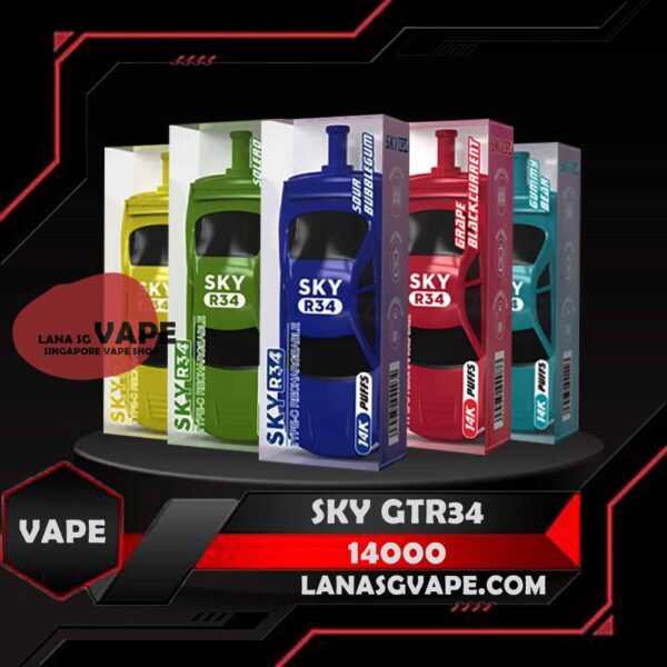 SKY GTR34 14000 DISPOSABLE The SKY GTR34 14000 DISPOSABLE in our LanaSgVape Ready Stock on sale , Order with us and delivery same day ! The Sky R34 offers an extended vaping experience with approximately 14000 puffs in a single device. It features a high nicotine concentration for a satisfying hit and comes with a rechargeable battery, ensuring longevity and convenience. The device is designed to be user-friendly and portable, offering a seamless vaping experience without the need for frequent refills or recharges. Its impressive puff capacity makes it an ideal choice for those seeking an extended disposable .  Specification : Puffs : 14,000 Battery Capacity : 650mAh Rechargeable with Type C E-liquid Capacity : 25ml Nicotine Strength : 5% Charging Time : Roughly 10 min - 15 min ⚠️SKY GTR34 14000 DISPOSABLE FLAVOUR LIST⚠️ Grape Blackcurrant Sour Bubblegum Honeydew Watermelon Double Mango Lemon Cola Gummy Bear Mix Berries Mango Grape Mango Lychee Solero Lime SG VAPE COD SAME DAY DELIVERY , CASH ON DELIVERY ONLY. ORDER BEFORE 5PM , SAME DAY NIGHT SLOT 7PM – 10PM RECEIVED PARCEL. TAKE BULK ORDER /MORE ORDER PLS CONTACT US : LANASGVAPE WHATSAPP VIEW OUR DAILY NEWS INFORMATION VAPE : LANASGVAPE CHANNEL
